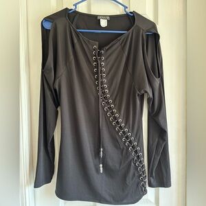 VENUS Black Asymmetrical Lace-Up Blouse